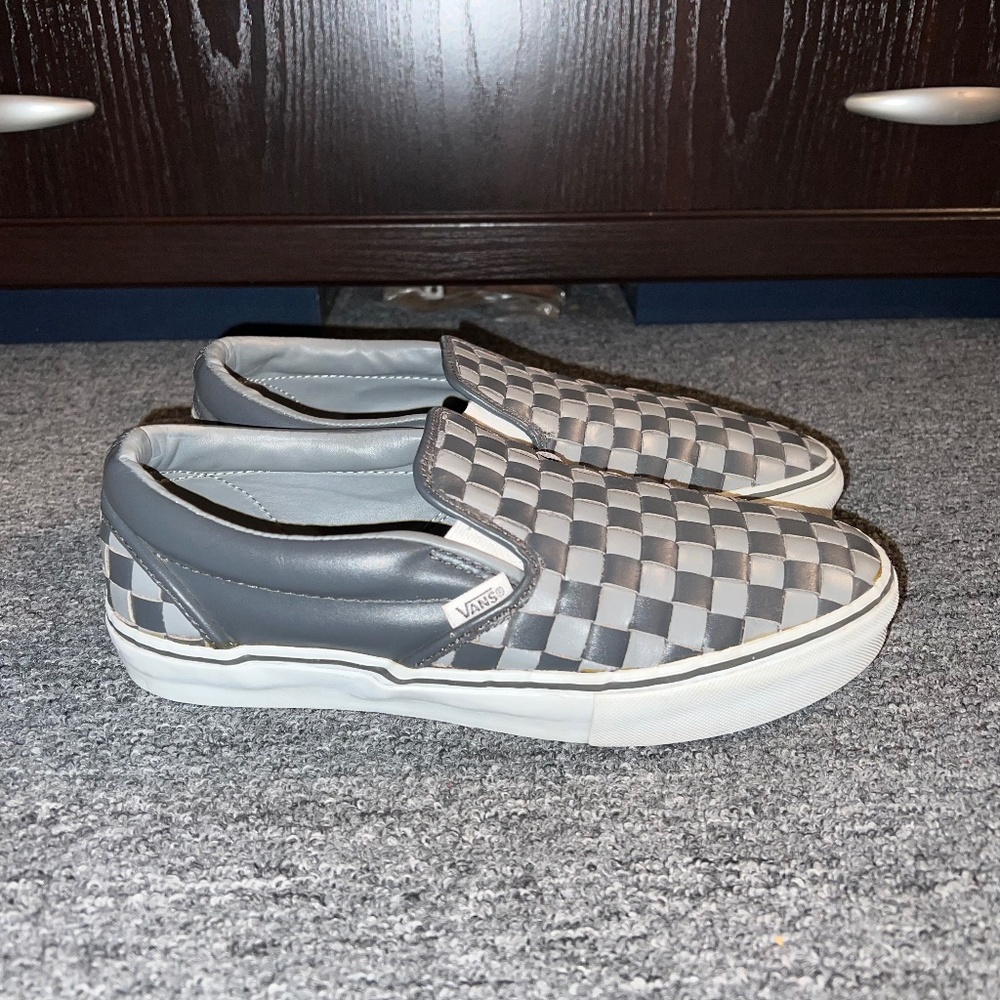 VANS 2007 Charcoal Grey Leather Woven Checkerboard Slip-On 9 but fit like 9.5